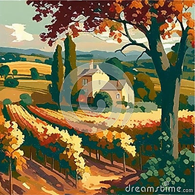 Landscape with of vineyard. Background village with fields of greenhouses and grapes in the foreground. landscape with Vector Illustration