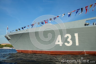 The landscape with warships in the Neva River before the holiday of the Russian Navy at sunny day, the latest cruisers Editorial Stock Photo