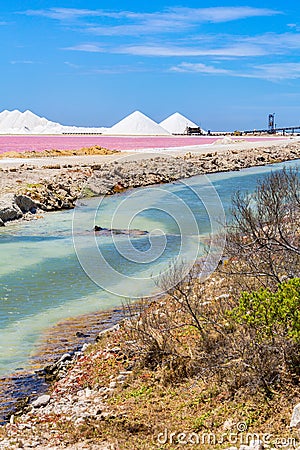 Landscape with water and salt industry on Bonaire Stock Photo