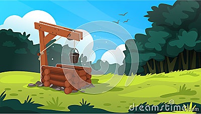 Landscape with water well. Cartoon village background with bucket and traditional pit made of stone or wood. Nature Vector Illustration