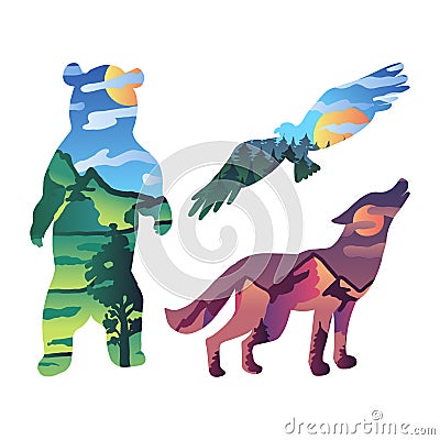 Landscape in Wild Animal Silhouette Set Cartoon Vector Illustration