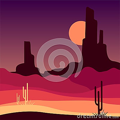 Landscape of wild western desert with rocky mountains and cactus plants. Mexican sandy scenery. Vector in gradient Vector Illustration