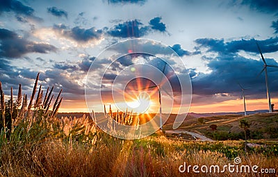 Landscape wind turbine field and Rotary propeller moving Stock Photo