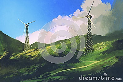 Landscape with wind turbines on the green mountain Cartoon Illustration