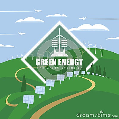 Landscape with wind turbines and solar panels Vector Illustration