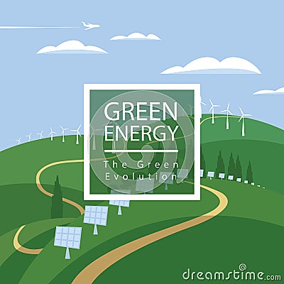 Landscape with wind turbines and solar panels Vector Illustration