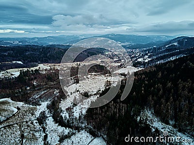 Landscape with winding road through mountain, aerial view Stock Photo