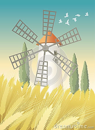 Landscape with windmill and wheat field Stock Photo