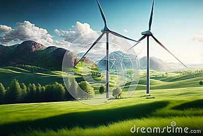 Landscape with windmills. Renewable electricity technology. Generative AI Stock Photo