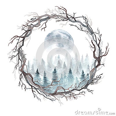 Watercolor forest with the Moon inside a wreath Cartoon Illustration