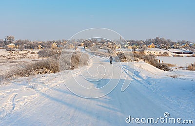 Landscape with winter street in urban-type settlement Editorial Stock Photo