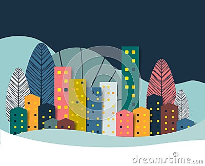 Landscape, winter town, city, nature panorama. Paper cut illlustration Vector Illustration