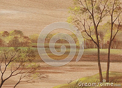 Landscape on wood veneer Stock Photo