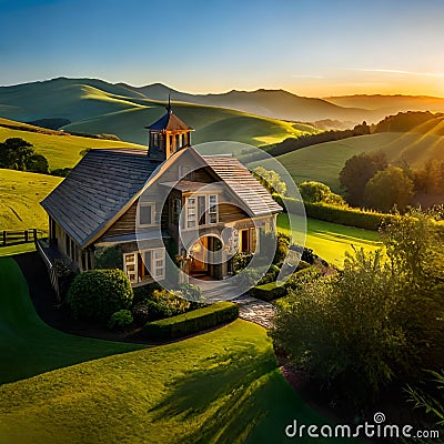 landscape yellow morning sunlight house mountain hill autumn nature sky flower estate evening tree meadow grass reflection green Stock Photo