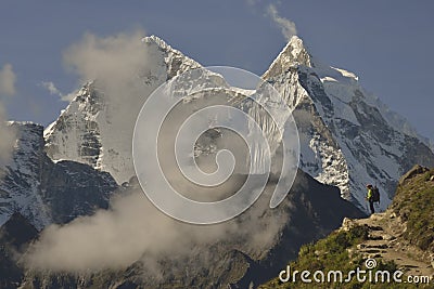 Climber on Khumbu Valley. Himalaya, Nepal. Stock Photo