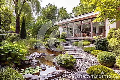 Landscaped backyard of modern house, scenery of residential home garden, generative AI Stock Photo