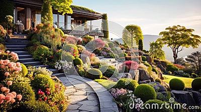 Landscaped garden with stairs in summer, luxury home backyard design Stock Photo