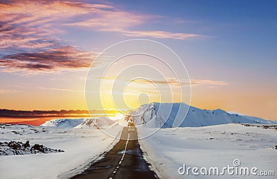 Landscaped, road trip on the country road in sunrise Stock Photo