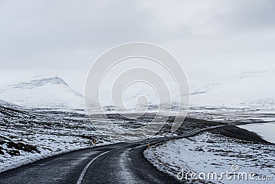 Landscaped of the road in winter, with blizzard storm coming Stock Photo
