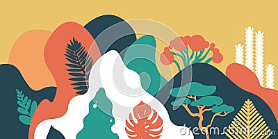 LandscapeMountain hilly landscape with tropical plants and trees, palms, succulents. Asian landscape in warm pastel colors. Scandi Vector Illustration