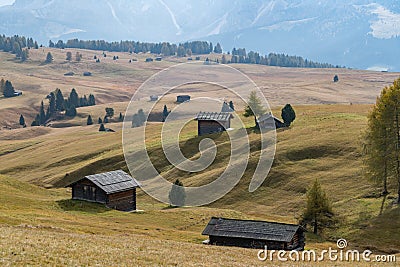 Landscapes on Alpe di Siusi with small cabins on grassland in autumn, South Tyrol, Italy Stock Photo