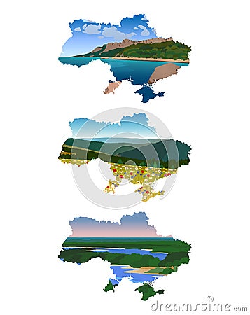 Landscapes in the background of the map of Ukraine Vector Illustration