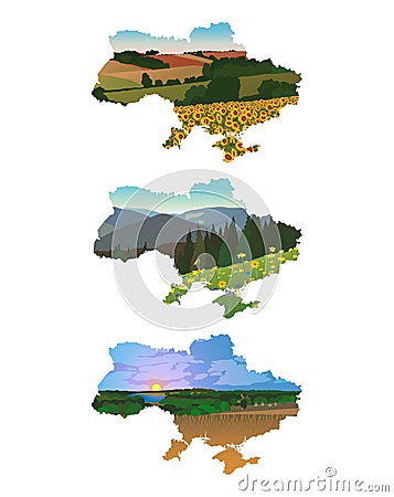 Landscapes in the background of the map of Ukraine Vector Illustration