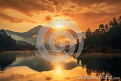 Ethereal Landscape Shot Capturing the Sun's Golden Hue Over Majestic Mountains and Serene Lakes Stock Photo