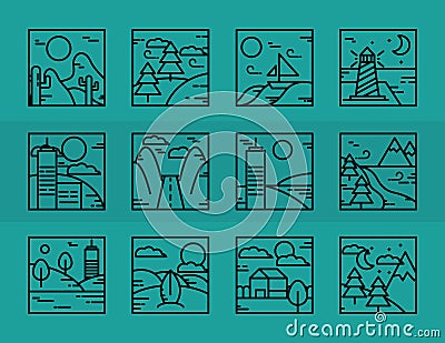 Landscapes nature tropical desert ocean scenery icons line icon style Vector Illustration
