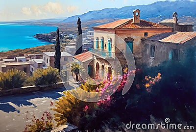 Landscapes of Sicilia, italian scenery, coastline view, village on mountain, digital painting Stock Photo