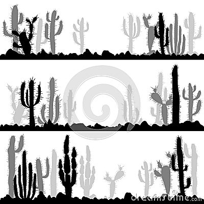 Landscapes with silhouettes of cactuses and stones Vector Illustration