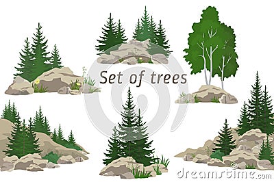 Landscapes with Trees and Rocks Vector Illustration