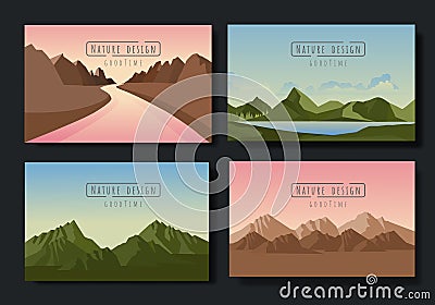 Landscapes vector set flat style. Natural wallpapers are a minimalist polygonal concept Vector Illustration