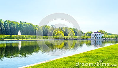 Landscaping design. Park alley near Petergof Palace Stock Photo