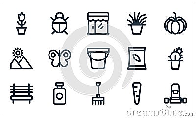 Landscaping equipment line icons. linear set. quality vector line set such as lawn mower, rake, bench, carrot, insecticide, Vector Illustration