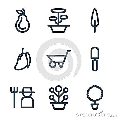 Landscaping equipment line icons. linear set. quality vector line set such as pot, plant pot, gardener, shovel, wheelbarrow, mango Vector Illustration