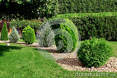 Landscaping garden with stones scattered wave with green bushes. Stock Photo