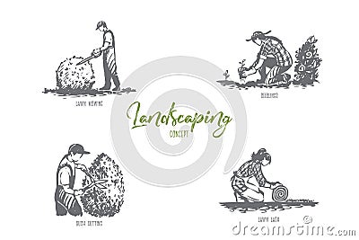 Landscaping- lawn mowing, seedlings, lawn lash, bush cutting vector concept set Vector Illustration