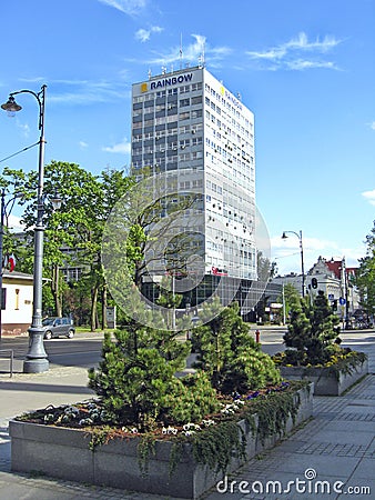 Landscaping in the Polish city of Lodz. Flowerbeds with pine trees in the city Editorial Stock Photo