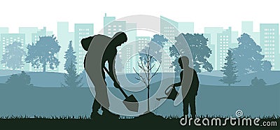 Landscaping of territory, man and child planting tree in city park, silhouette. Vector illustration Vector Illustration