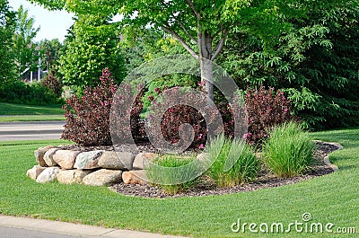 Landscaping with Weigela Shrubs and Rock Retaining Wall Stock Photo