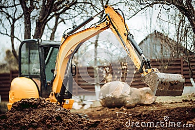 Landscaping works with mini excavator at home construction site. Terrain works Stock Photo