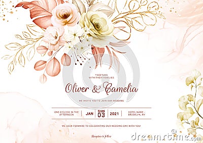 Landscape floral wedding invitation card with pastel floral decoration. Foliage design concept Vector Illustration