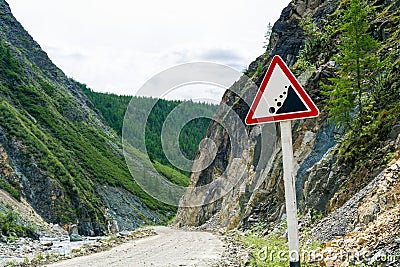 Landslide road sign in the mountains Stock Photo