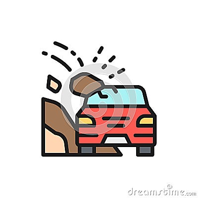 Landslides, accident on highway, stones collapsed on car flat color line icon. Vector Illustration