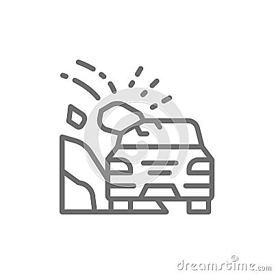 Landslides, accident on highway, stones collapsed on car line icon. Vector Illustration