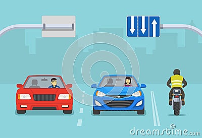 Lane direction and the number of lanes on the road sign meaning. View of sedan cars and motorcycle on a blue background. Vector Illustration