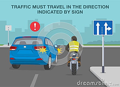 Lane direction road sign meaning. Mandatory movements in lanes rule. Traffic must travel in the direction indicated by sign. Vector Illustration