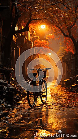 In The Lane Distant is Dusk Brick Wall Distant Sunset Bicycle Trees Background Stock Photo