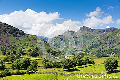 Langdale Valley Lake District Cumbria England UK in summer with blue sky and clouds scenic Stock Photo